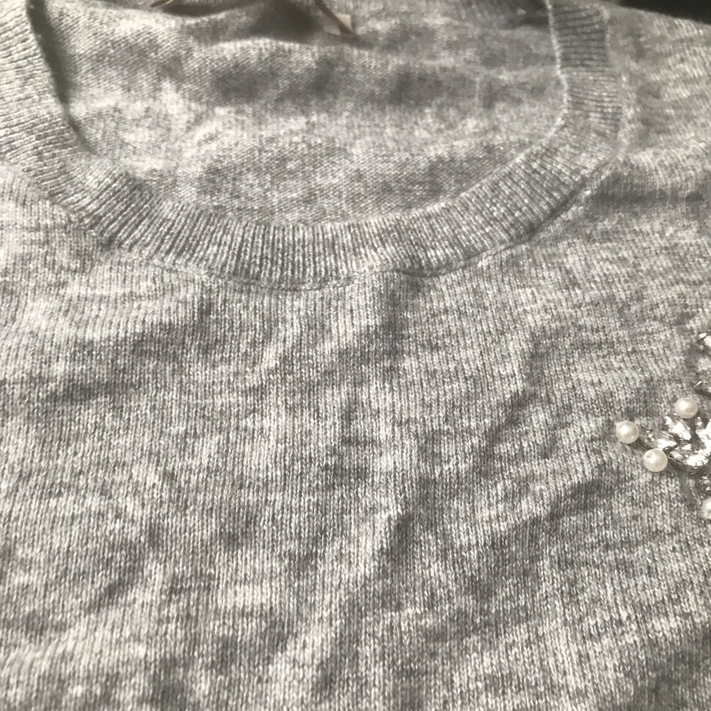 LOFT Gray Crew Neck Sweater with Embellishments